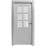 White interior door with a six-pane inset panel above a solid lower panel and a metal lever handle on the right.