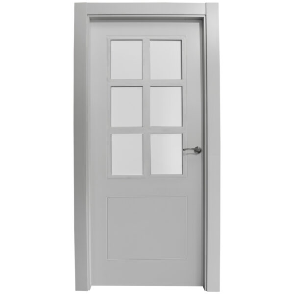 White interior door with a six-pane inset panel above a solid lower panel and a metal lever handle on the right.