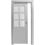 Gray interior door with a six-panel glass window, set in a matching door frame