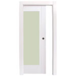 White interior door with a tall frosted glass panel on the left and a small dark knob on the right edge.