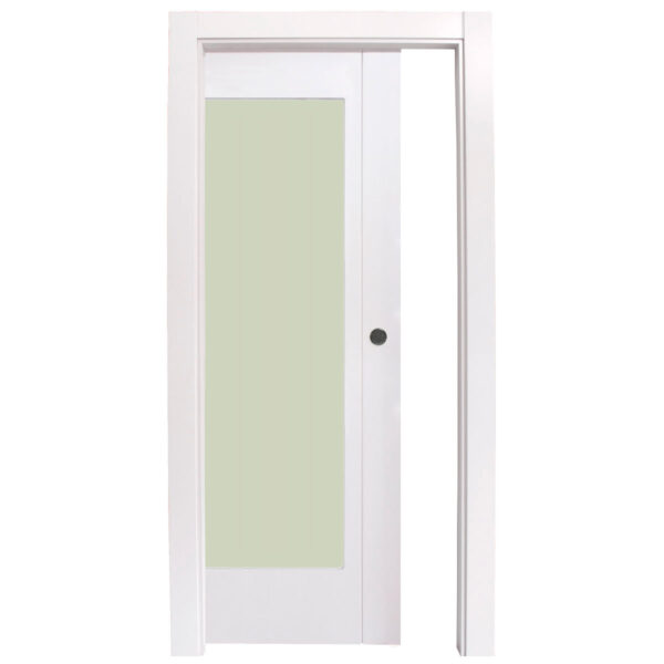 White interior door with a tall frosted glass panel on the left and a small dark knob on the right edge.