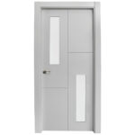 Light gray interior door with a vertical rectangular glass panel and additional panel sections, metal lever handle on the left side
