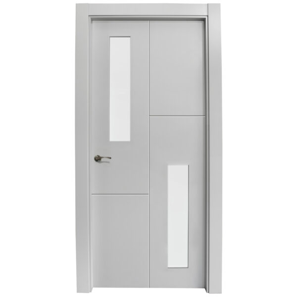 Light gray interior door with a vertical rectangular glass panel and additional panel sections, metal lever handle on the left side
