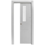 Gray interior door with a tall vertical glass panel and panel details, set in a matching frame.