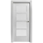 White interior door with four rectangular raised panels and a silver lever handle on the right edge.