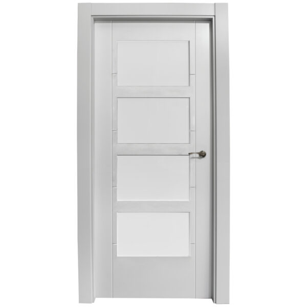White interior door with four rectangular raised panels and a silver lever handle on the right edge.