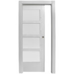 White four-panel interior door set within a tall silver doorway frame, viewed from the side