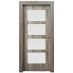 Wooden door with four white rectangular panels arranged vertically on a light-grain door surface with a metal handle on the right side in a modern panel design.