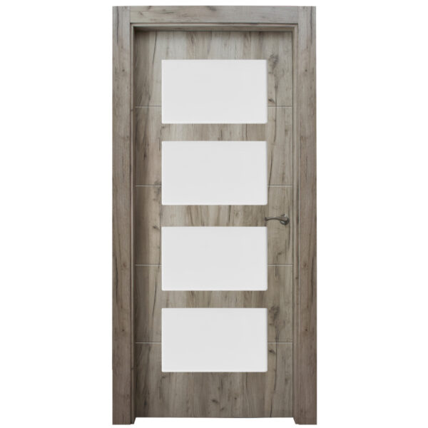 Wooden door with four white rectangular panels arranged vertically on a light-grain door surface with a metal handle on the right side in a modern panel design.