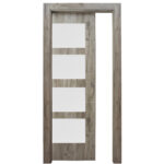 Wooden door with five white rectangular panels arranged vertically in a light wood grain frame.