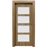 Wooden door with four white rectangular panels and a silver lever handle.
