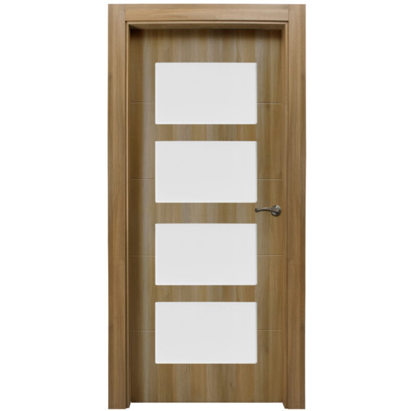 Wooden door with four white rectangular panels and a silver lever handle.