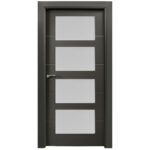 Dark gray interior door with four vertical frosted glass panels and a metal lever handle on the left side.