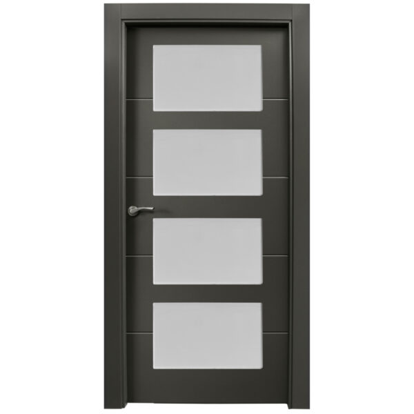 Dark gray interior door with four vertical frosted glass panels and a metal lever handle on the left side.