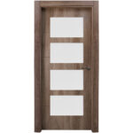 Wooden door with four white rectangular panels arranged vertically and a metal door handle on the right side