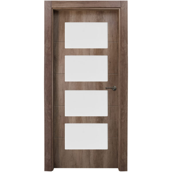 Wooden door with four white rectangular panels arranged vertically and a metal door handle on the right side