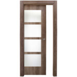 Brown wooden interior door with four frosted glass panels arranged vertically, set in a matching frame with a round metal knob on the right side.