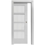White interior door with four raised rectangular panels, shown slightly ajar within a matching frame.