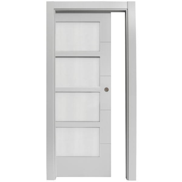 White interior door with four raised rectangular panels, shown slightly ajar within a matching frame.