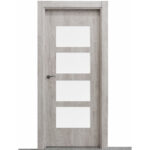 Light wood interior door with four vertical white rectangular panels and a dark handle on the left side.