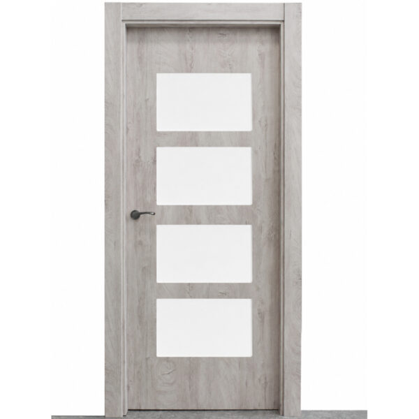 Light wood interior door with four vertical white rectangular panels and a dark handle on the left side.