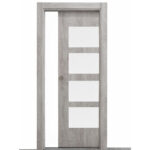 Wooden interior door with four white opaque glass panels and a narrow vertical glass pane on the left side, in a light gray finish