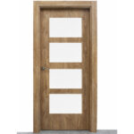 Wooden interior door with four white rectangular panels in a vertical row and a silver handle on the left side.