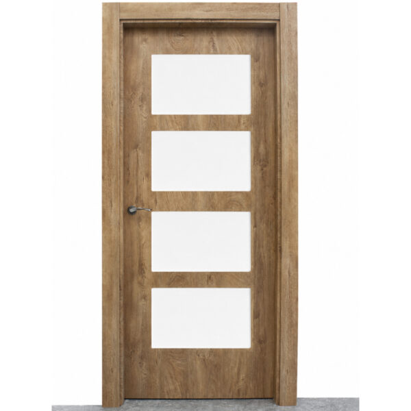 Wooden interior door with four white rectangular panels in a vertical row and a silver handle on the left side.