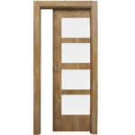 Wooden interior door with four frosted glass panels and a round metal knob on the left side.