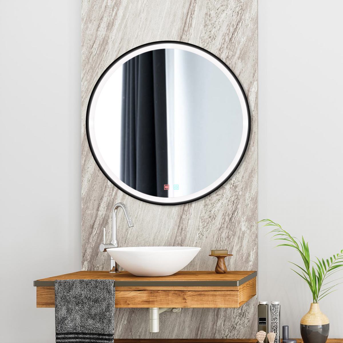 Espejo de Baño Led redondo Antivaho. Modelo SOL Marco aluminio negro -  Bricomoraleja