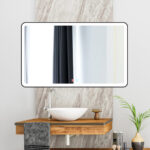 Espejo de Baño Led / Antivaho Rectangular. Modelo Tierra canto blanco y marco aluminio negro