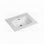 Top view of a white rectangular ceramic bathroom sink with basin, drain hole, and rear overflow opening