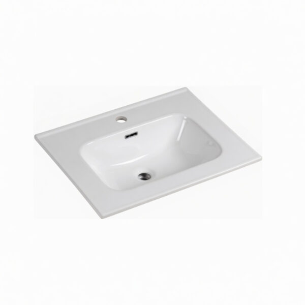 Top view of a white rectangular ceramic bathroom sink with basin, drain hole, and rear overflow opening