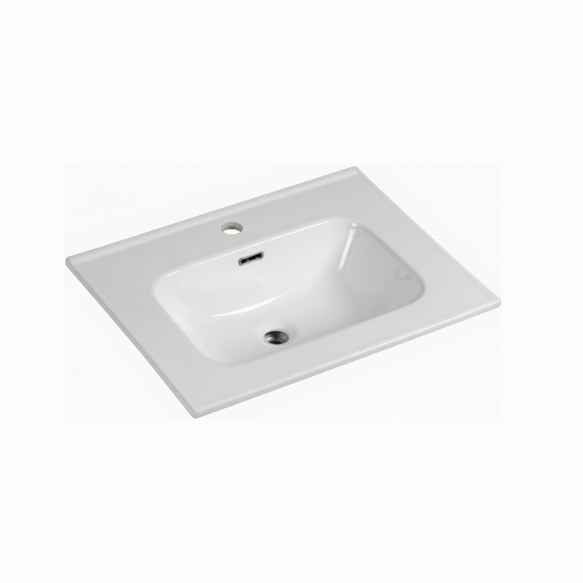 LAVABO ETNA BRILLO Top view of a white rectangular ceramic bathroom sink with basin, drain hole, and rear overflow opening