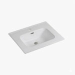 White rectangular bathroom sink basin with a central drain and a single faucet hole at the back edge, designed for countertop installation.