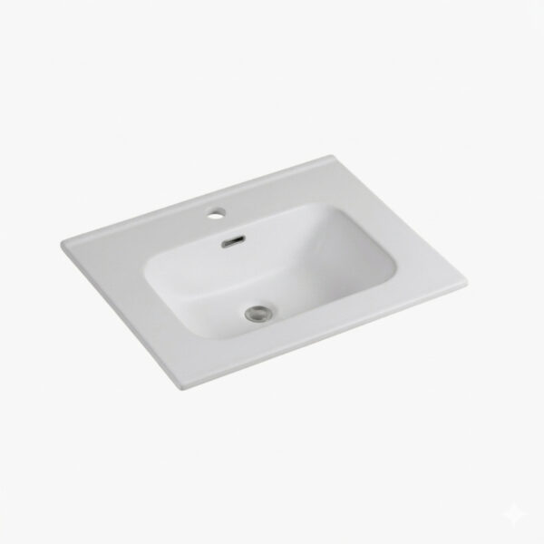 White rectangular bathroom sink basin with a central drain and a single faucet hole at the back edge, designed for countertop installation.