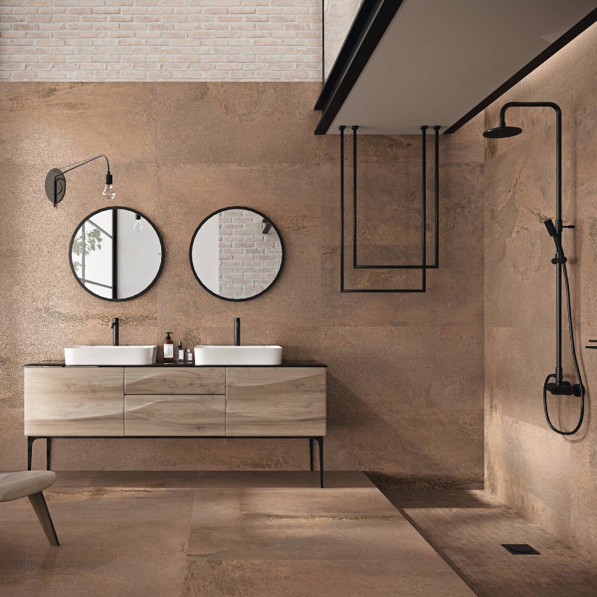 azulejos-mas-vendidos Modern bathroom with a double vanity, two round mirrors, and a black-framed shower.