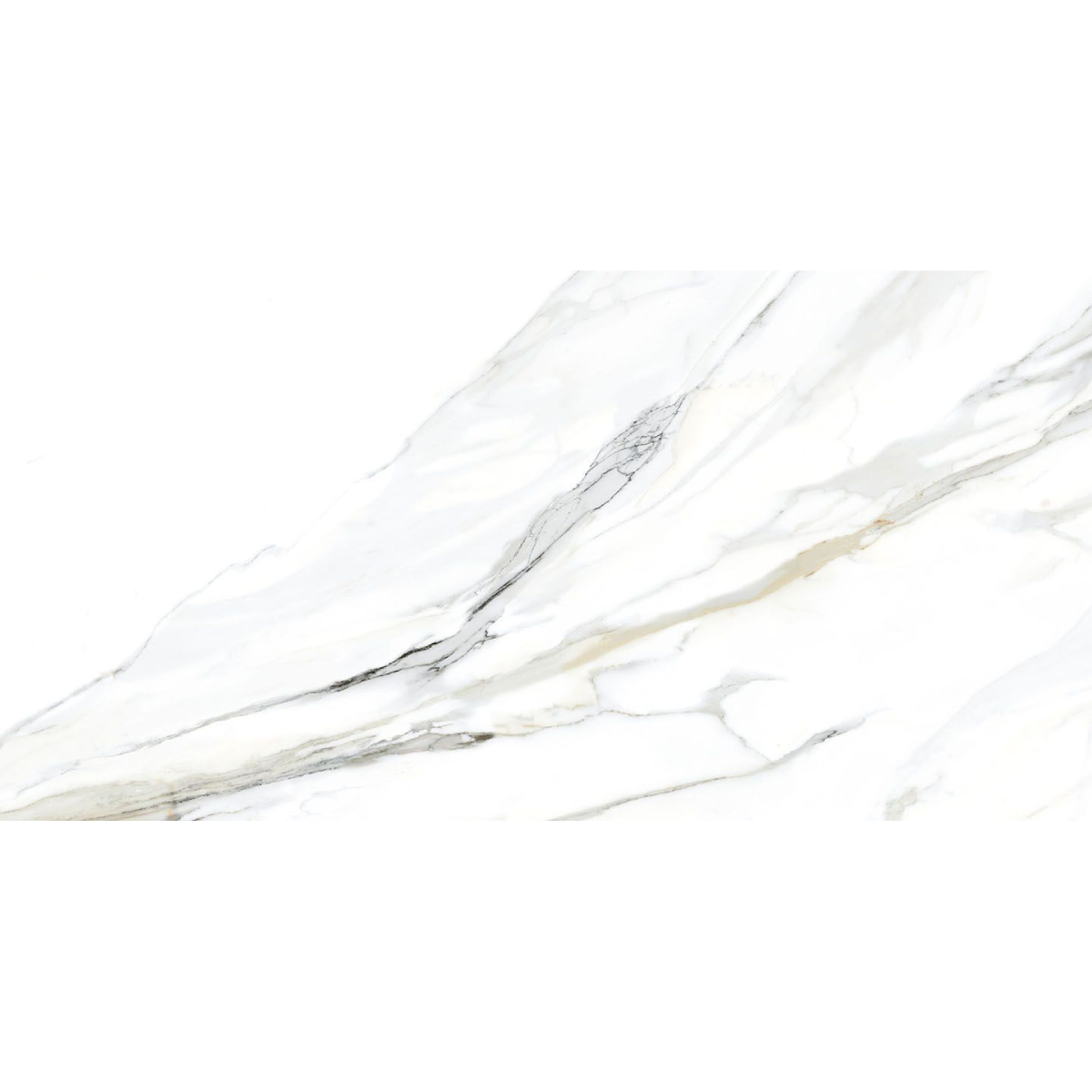 emporio calacatta 60x120 Close-up of white marble with subtle gray veins running diagonally across the surface.