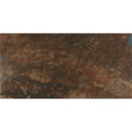 Close-up of a rusted metal surface with orange-brown patina and dark stains.