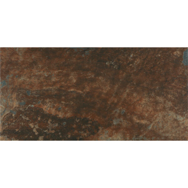 Close-up of a rusted metal surface with orange-brown patina and dark stains.