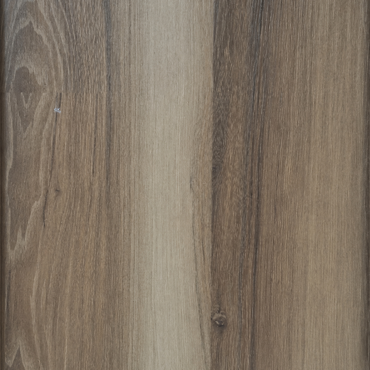 Tarima Vinílica Milan AC5 Hydron SPC 6,5mm+1,5mm Aislante IXPE Wooden planks with varying brown tones, showing grain and knots (wood flooring texture).