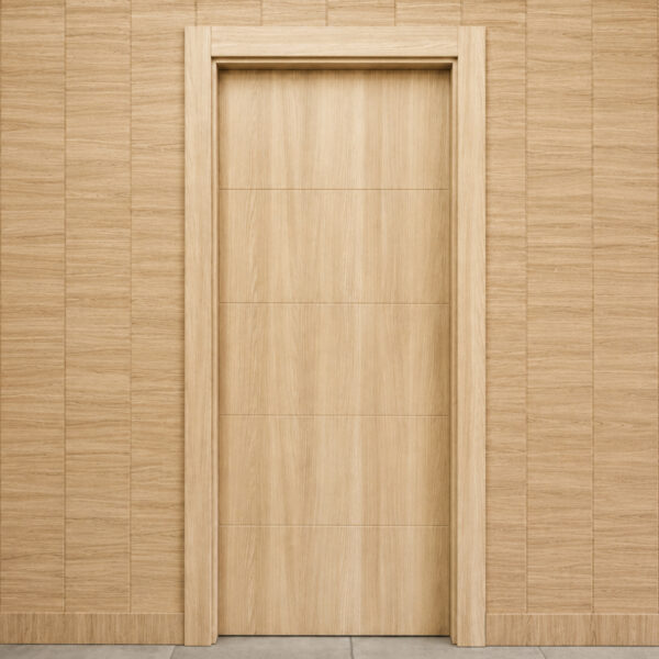 Interior wooden door with horizontal panel sections, framed by a light wood trim against a matching paneled wall.