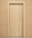 Interior wooden door with horizontal panel sections, framed by a light wood trim against a matching paneled wall.