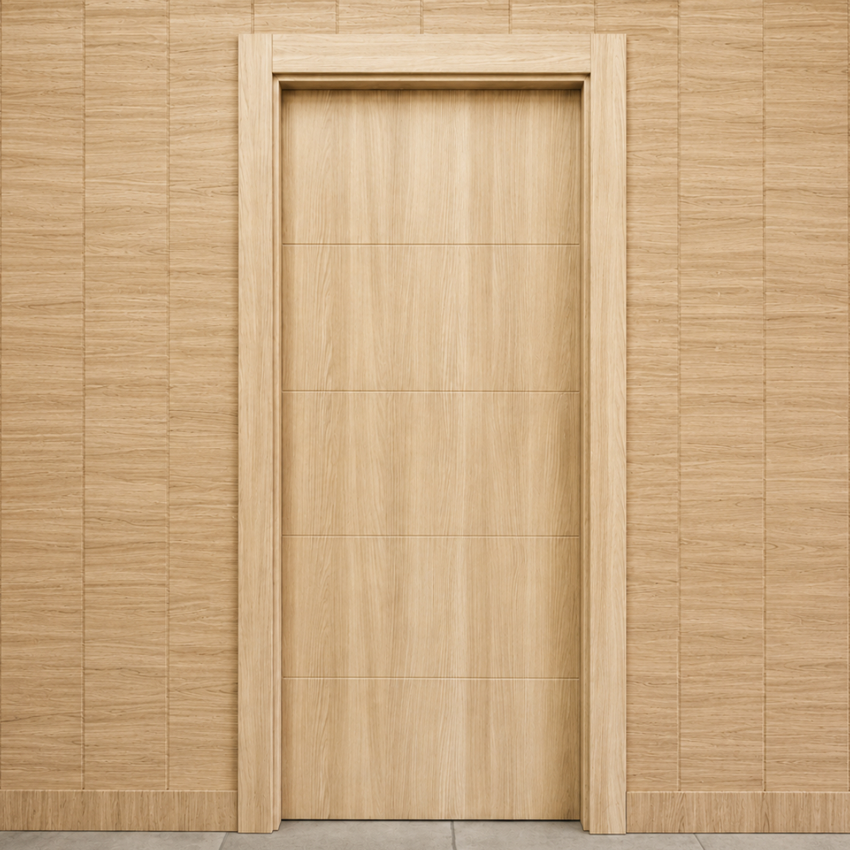 bruselas roble canada Interior wooden door with horizontal panel sections, framed by a light wood trim against a matching paneled wall.