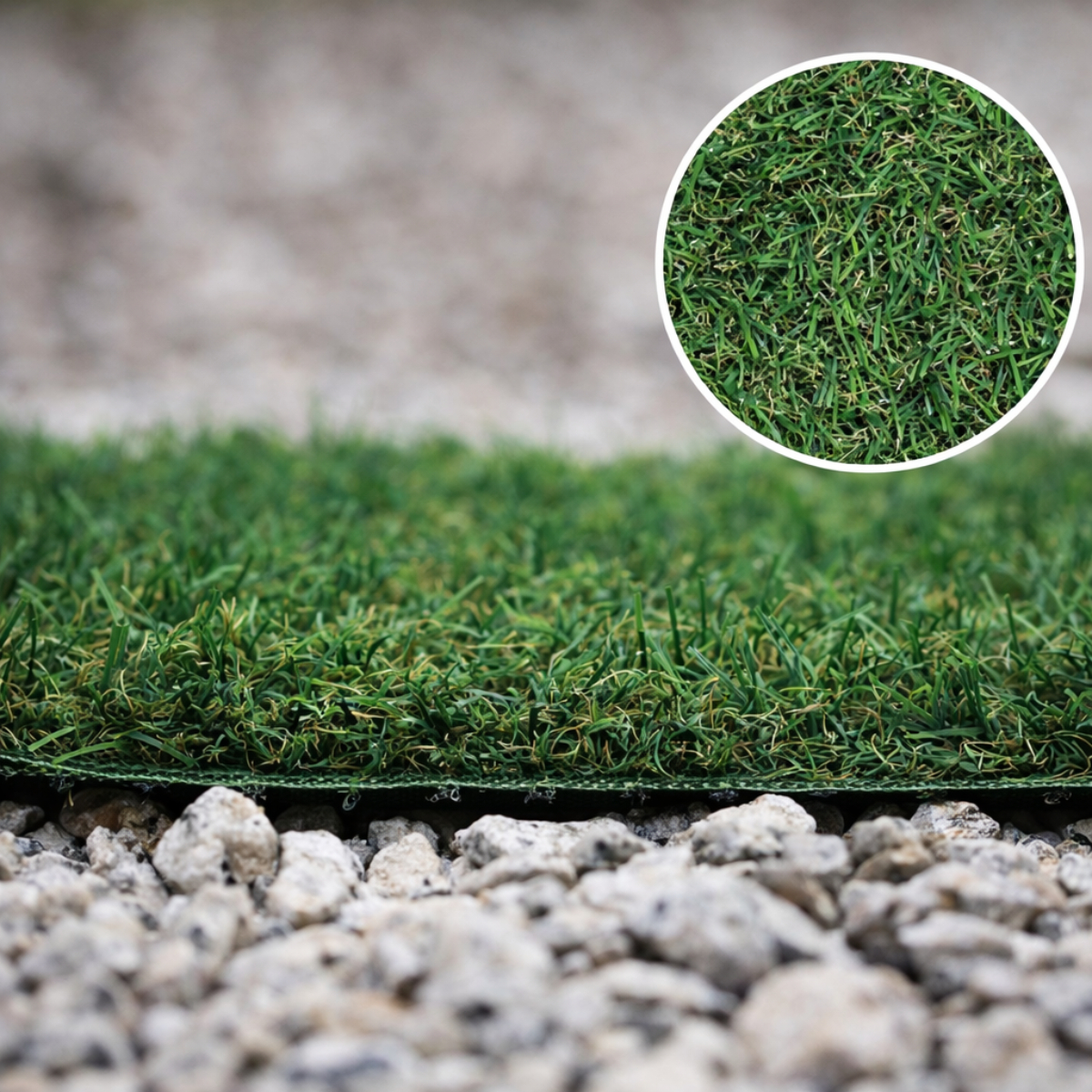 cesped-artificial-terrazas Close-up of artificial grass turf laid over rocky ground, with a circular magnified inset showing dense green blades.
