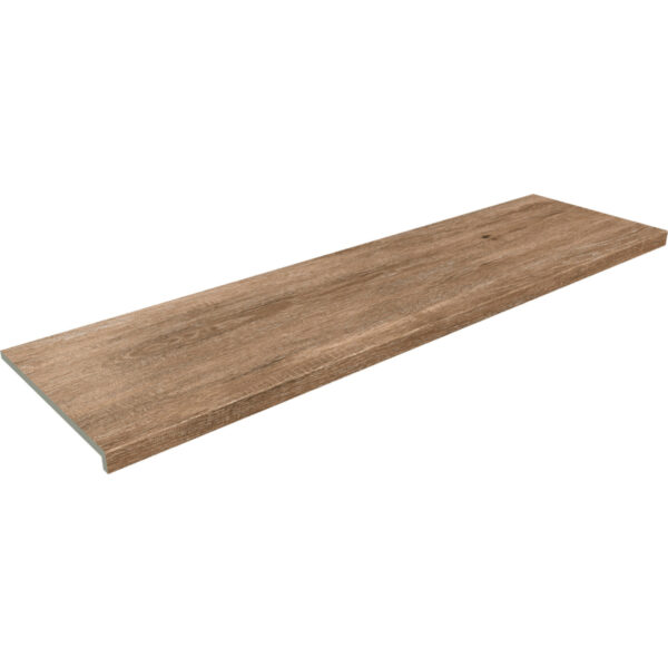 Long wooden plank with a beveled edge and gray underside on the left end.ek