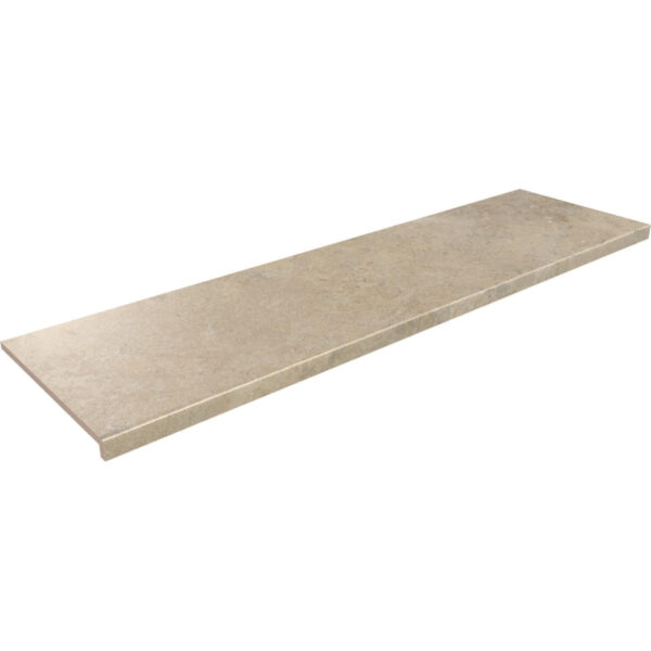 Long beige rectangular stone tile or slab, shown at an angle with a beveled edge on the left.