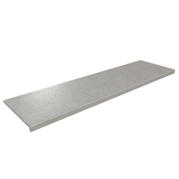 Long, gray concrete-look shelf plank with a small lip at the left end