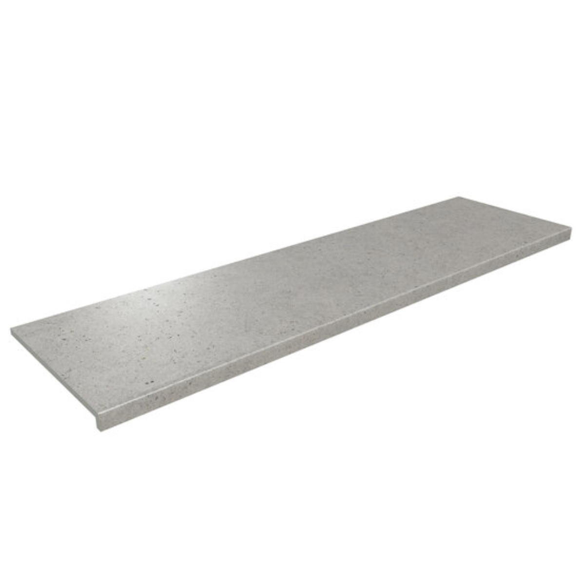 peldaño kinstone mist 33x120 Long, gray concrete-look shelf plank with a small lip at the left end
