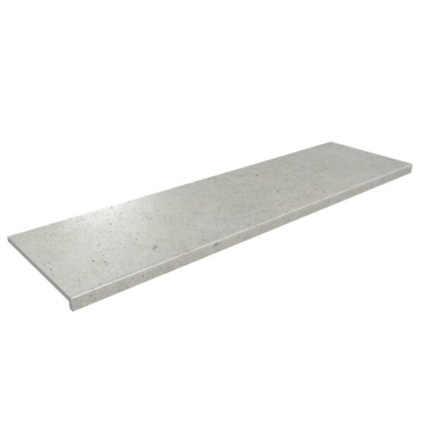 Long rectangular concrete slab or countertop plank shown at an oblique angle, light gray with small speckles.